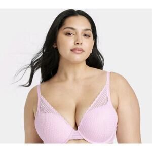 Auden 34C Women's Lace Plunge Push-up Bra in Pink